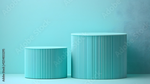 Wallpaper Mural Aqua Minimalist Product Display: Two sleek, cylindrical podiums with a textured, corrugated design stand against a calming turquoise backdrop. Torontodigital.ca