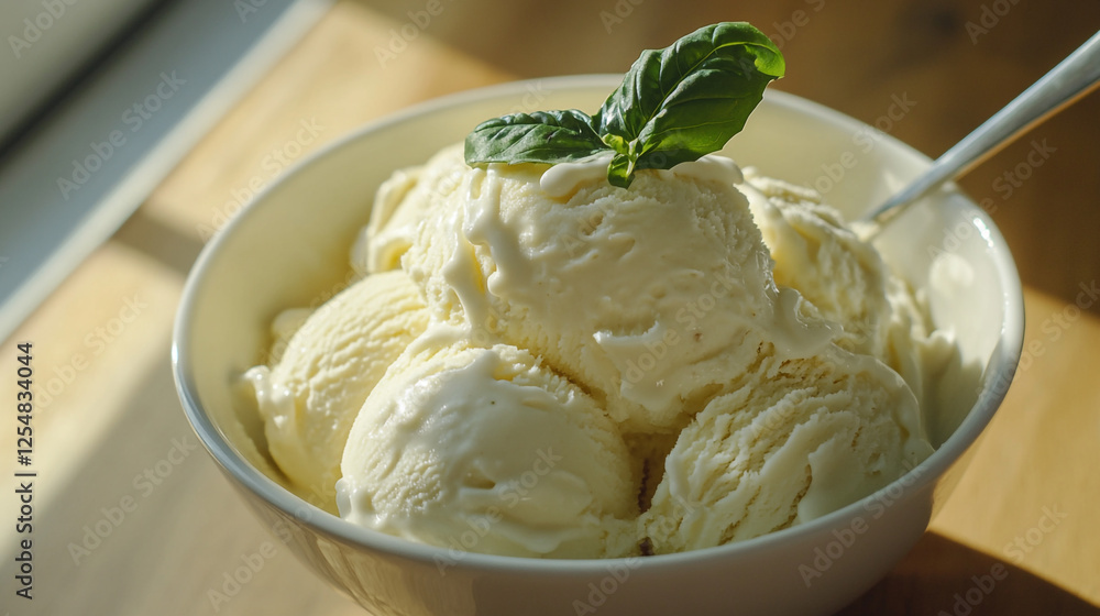 Creamy vanilla ice cream served in a bowl with a fresh basil leaf on top Creamy vanilla ice cream served in a bowl with a fresh basil leaf on top