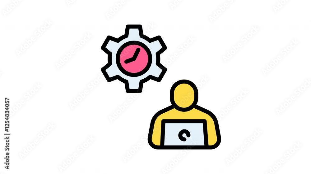 Animated person working on a laptop with a gear and globe above them, perfect for global business, technology, remote work concepts. Animated person working on a laptop with a gear and globe above them, perfect for global business, technology, remote work concepts.