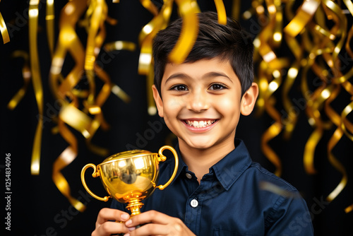 young boy with gold trophy