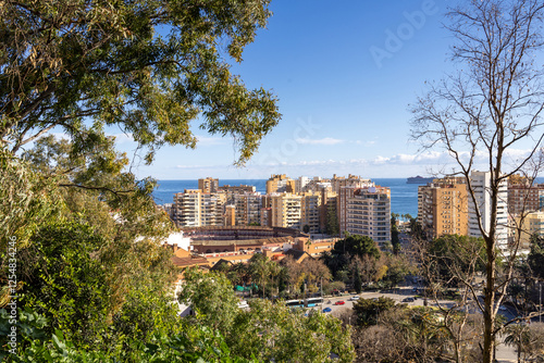 Photo looking through trees at city of Malaga in Spain showing the famous old historic bull fighting ring arena surrounded by lots of apartment blocks with the ocean in the background on a sunny day photo