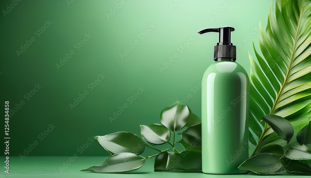 A sleek green bottle of lotion rests among lush green leaves, representing nature and eco-friendliness. A sleek green bottle of lotion rests among lush green leaves, representing nature and eco-friendliness.