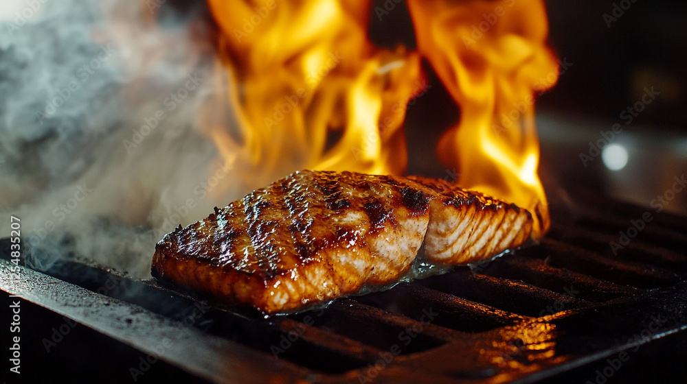 Fototapeta premium Grilling salmon fillet over high heat with flames and smoke creating an intense culinary moment