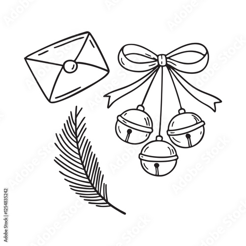 A set of jingle bells tied with a ribbon, resting beside a sprig of pine and a folded holiday card.