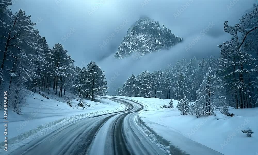 Snowy mountain road winding through a winter landscape with fog and pine trees Snowy mountain road winding through a winter landscape with fog and pine trees