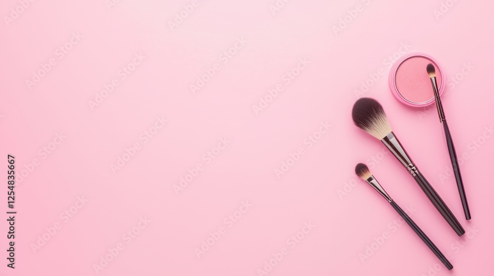 Beauty Product Flat lay of makeup brushes and palettes, elegantly styled on a pastel background, ideal for fashion and beauty marketing.