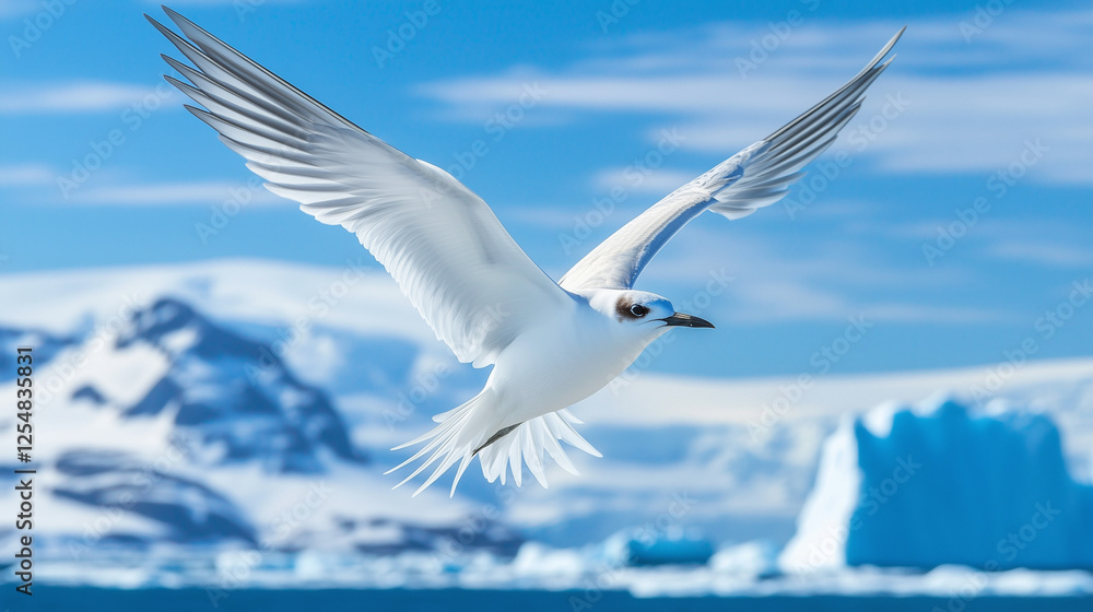 Fototapeta premium Arctic tern soaring through the blue sky over icy glaciers, representing migration and cold environment.