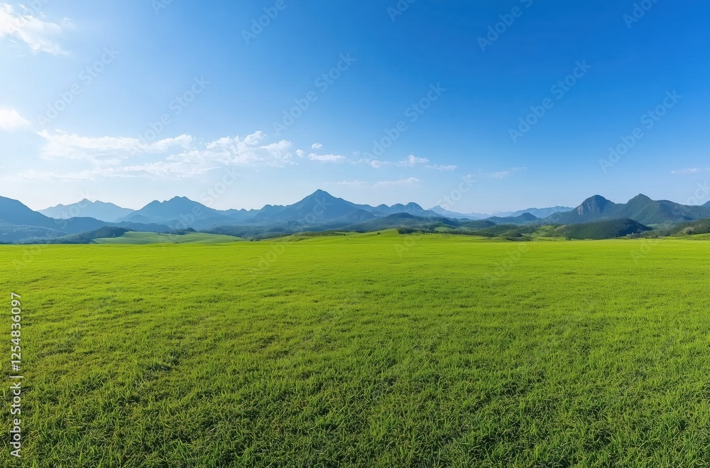 Fototapeta premium Scenic Green Meadows Under Bright Blue Sky with Majestic Mountains in the Background