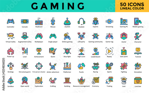 Gaming icon set with controller, console, keyboard, mouse, joystick, headset, esports, streaming, gaming pc, mobile gaming icon. Simple lineal color vector 
