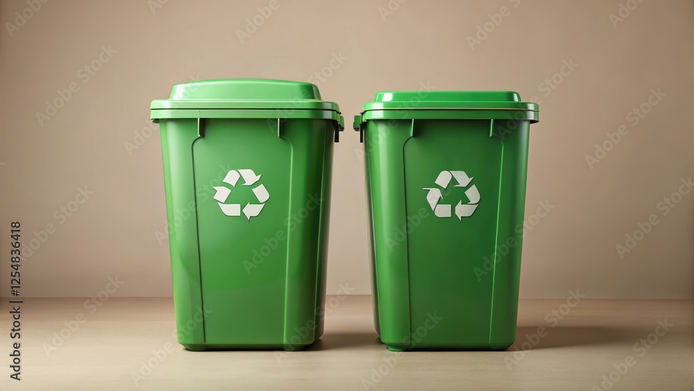 Two large green plastic trash bins sitting side by side on a neutral colored background with labels for sorting recyclables from non-recyclable waste, eco practices, eco friendly Two large green plastic trash bins sitting side by side on a neutral colored background with labels for sorting recyclables from non-recyclable waste, eco practices, eco friendly