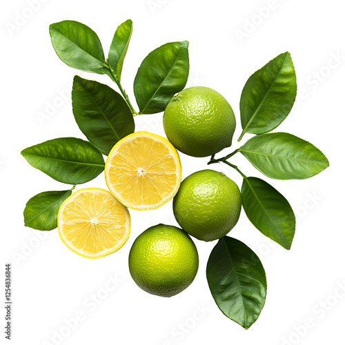 Citrus fruits and leaves isolated on black background, showcasing vibrant colors and textures.  Lemons and limes arranged artistically.