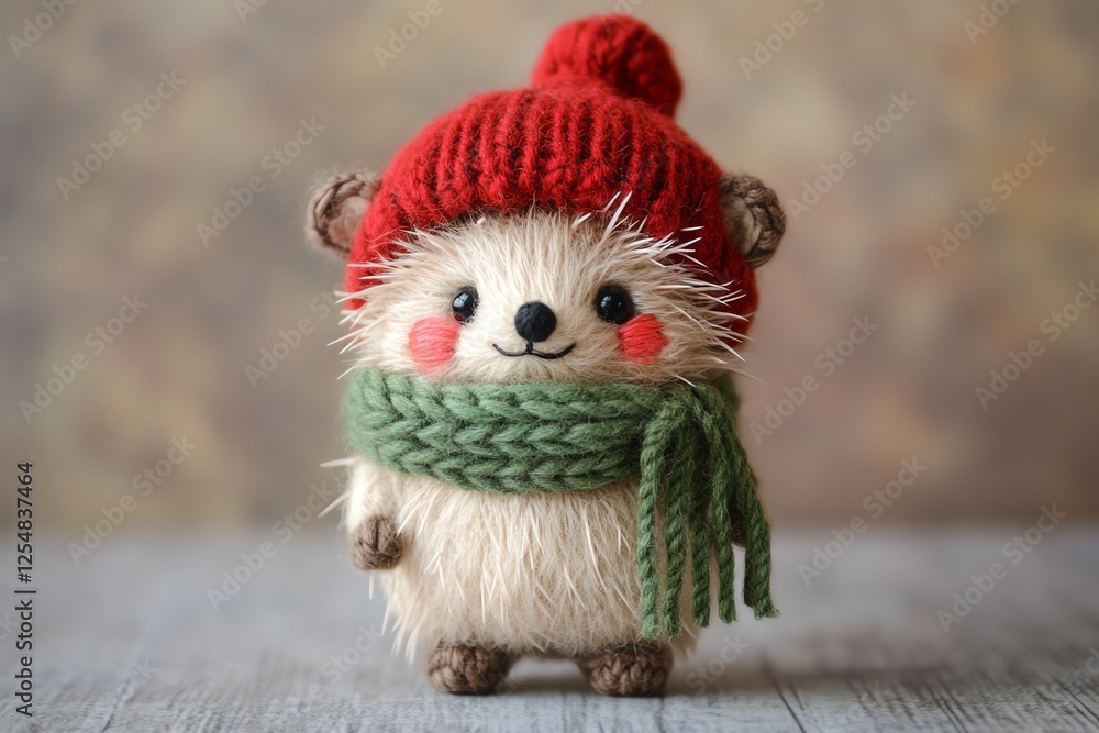 Fototapeta premium Adorable tiny brown hedgehog in a red beanie & green scarf, smiling sweetly. Hand-embroidered plush style on a solid background, perfect for festive designs