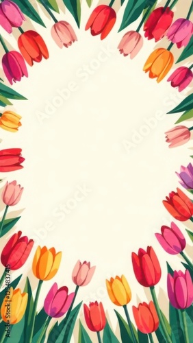 Wallpaper Mural Background with multicolored tulips and oval frame, with space for text, card template Torontodigital.ca