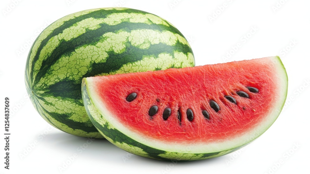 A fresh watermelon, whole and sliced, showcasing its vibrant red flesh and black seeds against a green striped rind. A fresh watermelon, whole and sliced, showcasing its vibrant red flesh and black seeds against a green striped rind.