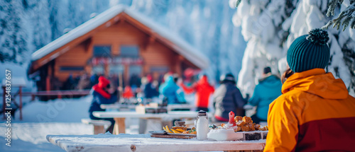 winter sports and ski hut with food and drinks, winter vacation, fun, apres ski