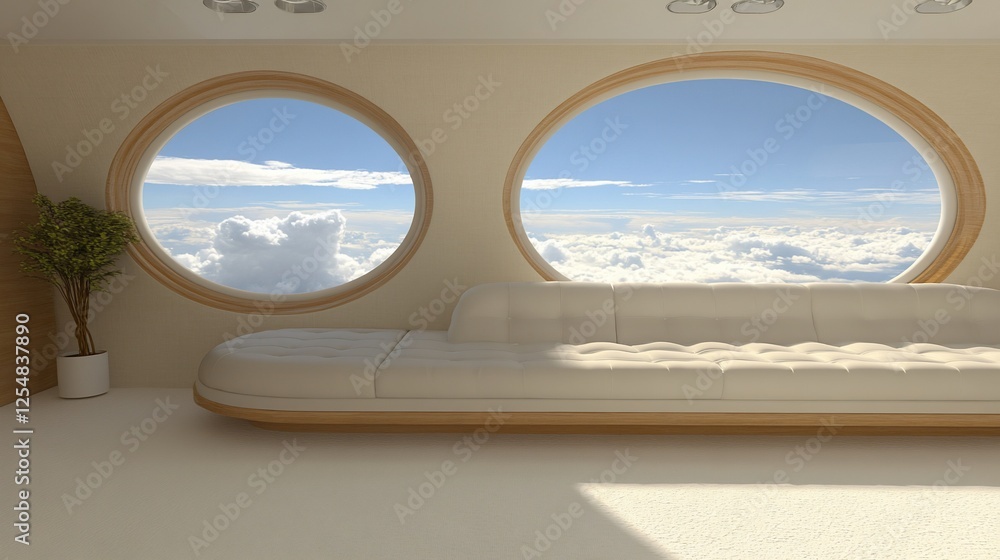 Fototapeta premium Futuristic interior lounge, cloud views, modern design, aerial perspective