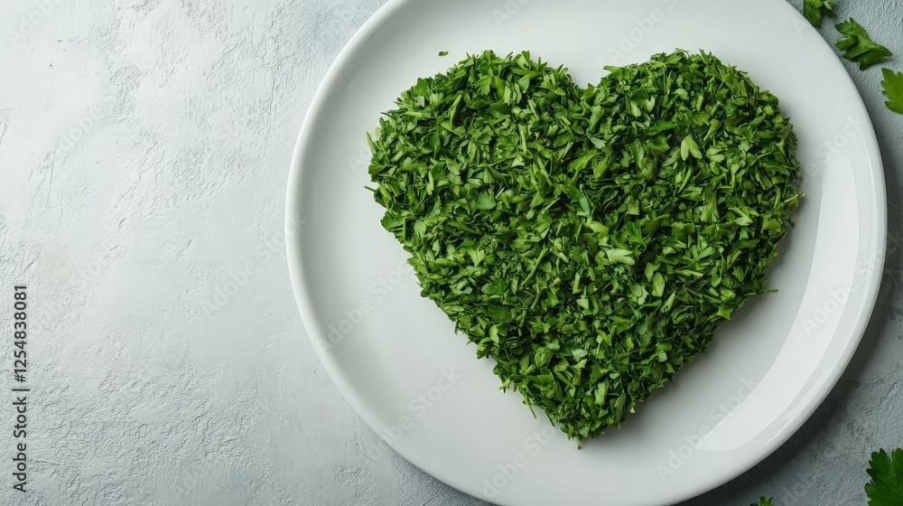 A heart-shaped arrangement of chopped green herbs on a white plate. A heart-shaped arrangement of chopped green herbs on a white plate.