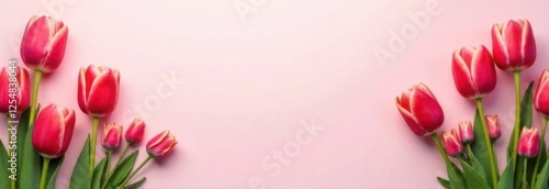 Pink banner with beautiful tulips, with space for text, poster template