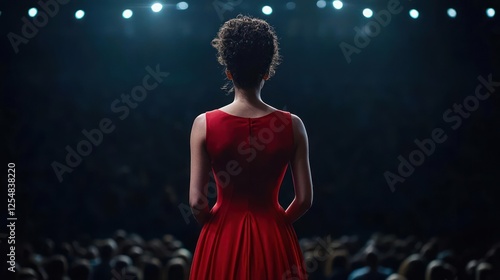 Woman In Red Dress On Stage With Audience photo