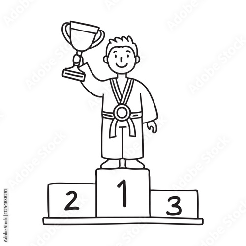 A first place judo athlete raising their trophy and wearing a medal on the podium