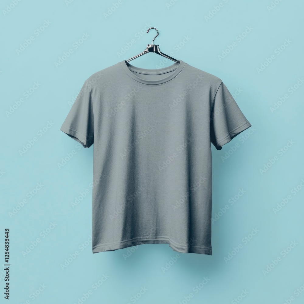 Plain grey t-shirt hanging on hanger, light blue background, mockup for design Plain grey t-shirt hanging on hanger, light blue background, mockup for design