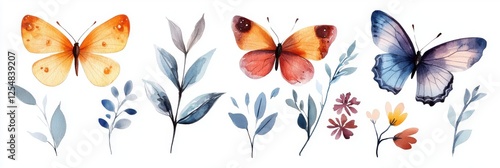 Watercolor butterfly concept. Vibrant Watercolor Style of Butterflies and Tiny Flowering Plants in a Natural Botanical Composition