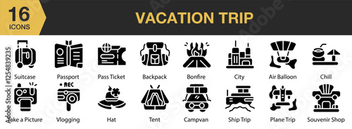Vacation Trip solid icon set. Includes adventure, suitcase, transport, luggage, beach, and More. Solid icons vector collection.