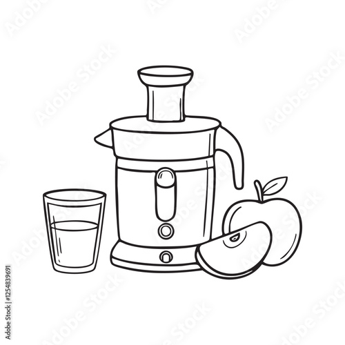 A juicer extracting juice from fresh fruit while an empty glass waits beside it