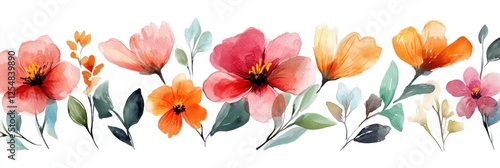 Watercolor flower concept. Vibrant Watercolor Floral Arrangement with Lush Foliage and Blooming Flowers