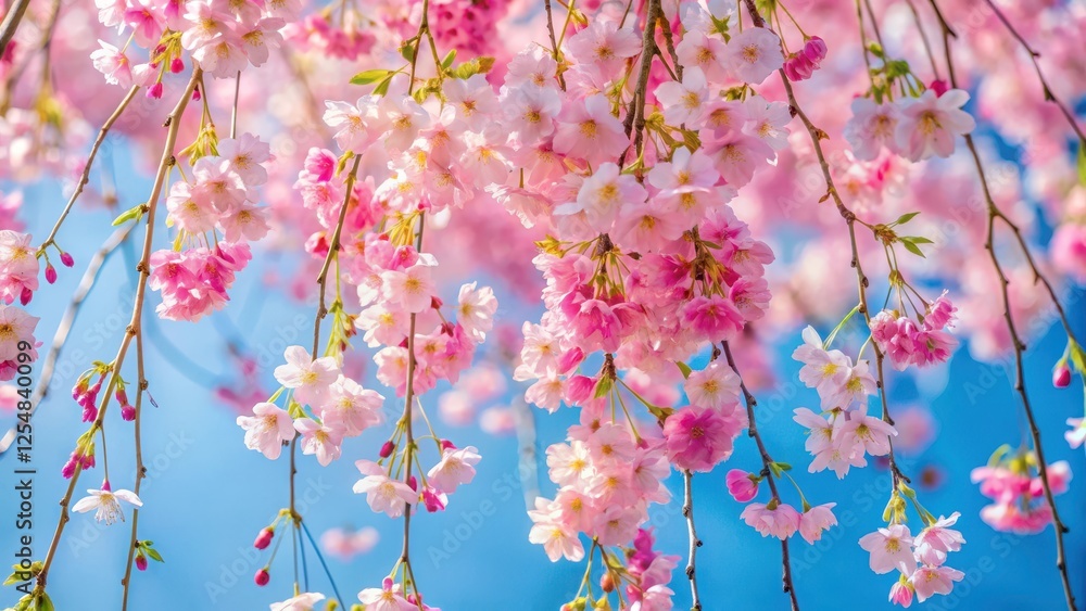 Obraz premium Weeping cherry blossom tree branches in full bloom, with delicate pink flowers scattered against a blue sky backdrop, blooming flowers, weeping cherry