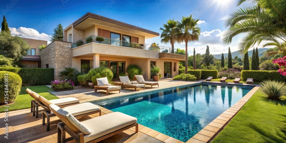 Luxurious villa with small pool surrounded by lush greenery and sun loungers under a clear blue sky, Villa
