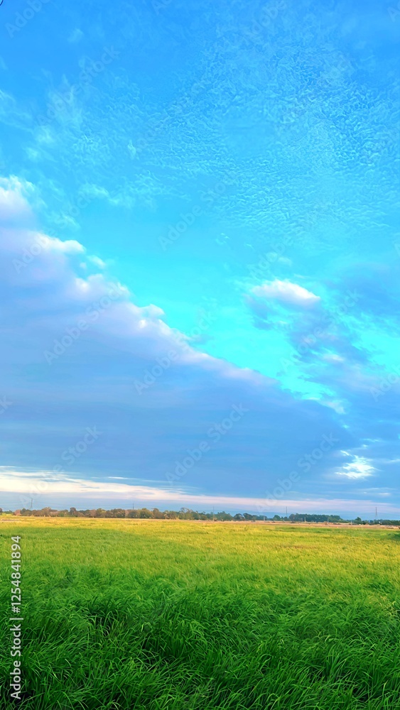 A vast green field under a bright blue sky, with soft clouds stretching across the horizon. A vast green field under a bright blue sky, with soft clouds stretching across the horizon.