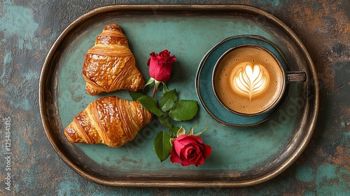 A Cozy Morning Setting Featuring a Warm Cup of Coffee Alongside a Flaky Croissant on a Simple Wooden Tray Inviting Relaxation and Comfort in a Bright Sunlit Kitchen Atmosphere photo