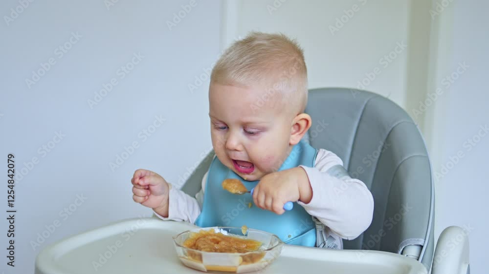 Cute one-year-old boy sits in a high chair and eats independently. Silicone baby feeding utensils. Child learns to eat independently Cute one-year-old boy sits in a high chair and eats independently. Silicone baby feeding utensils. Child learns to eat independently
