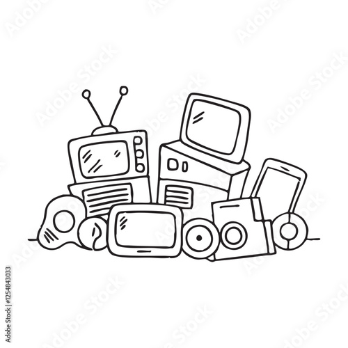 A pile of old junk in a backyard with furniture electronic and household items