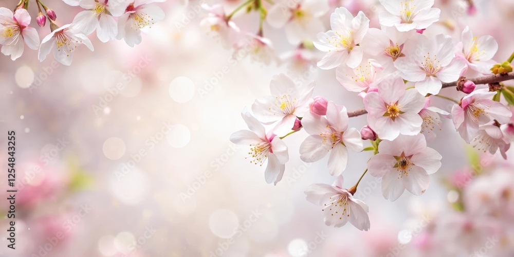 Fototapeta premium Blooming cherry blossoms on a soft white paper background with subtle texture, delicate petals and gentle hues of pink and white , paper background, flower arrangement