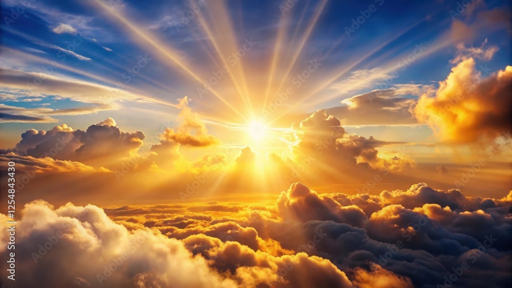 Flying through a picturesque sunny cloudscape with soft golden clouds and glowing sunshine rays, golden light Flying through a picturesque sunny cloudscape with soft golden clouds and glowing sunshine rays, golden light