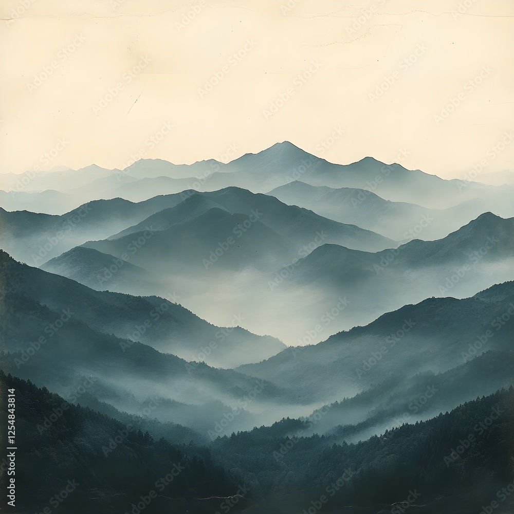 Fototapeta premium A misty mountain silhouette fading softly into a neutral-toned background.