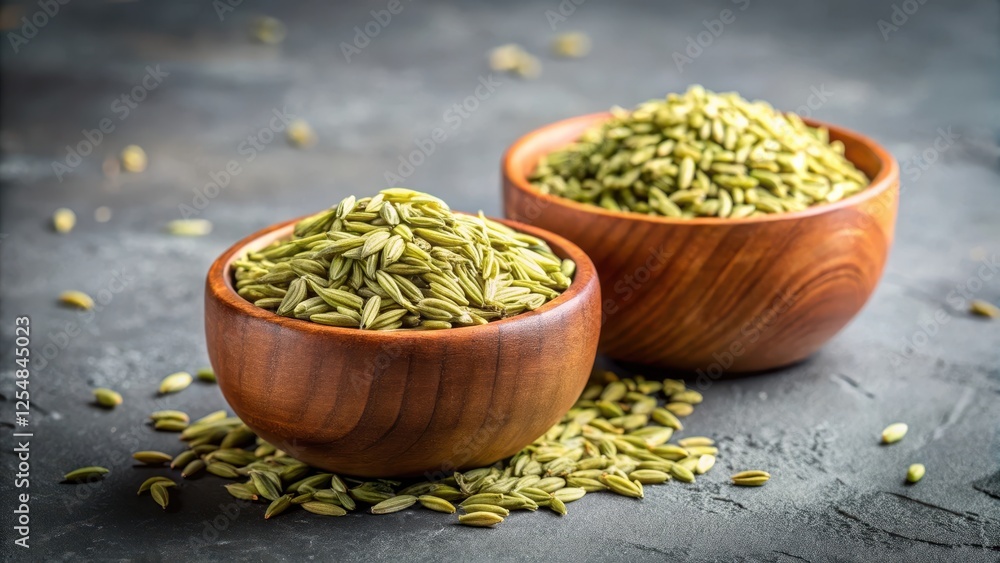 Close-up of Indian spice fennel seeds in wooden bowls on gray background , #foodphotography Close-up of Indian spice fennel seeds in wooden bowls on gray background , #foodphotography