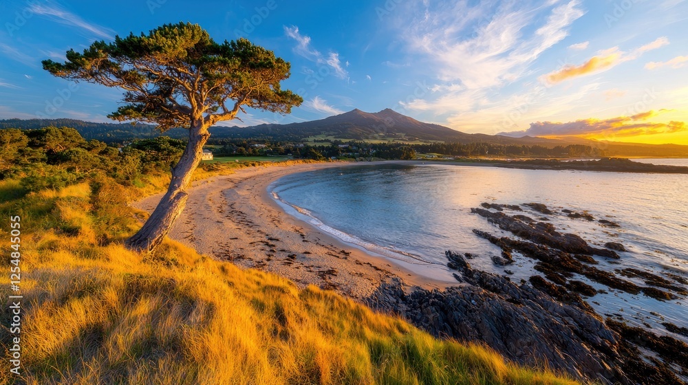Obraz premium Sunset over coastal bay, lone tree, mountain backdrop; travel brochure