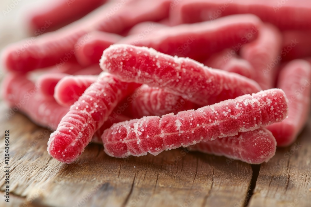 Close-up of sugar-coated red candy pieces resembling bacteria shapes on wood.