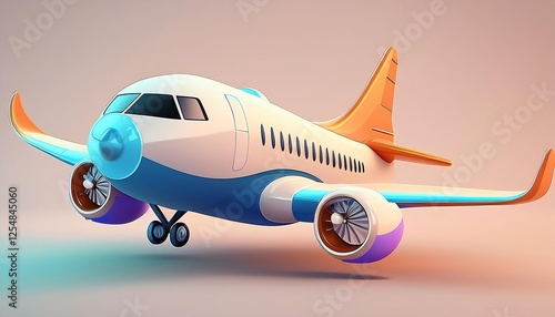 Flying plane icon. Cute, cartoon 3d realistic white airplane with blue portholes and wings, perspective view