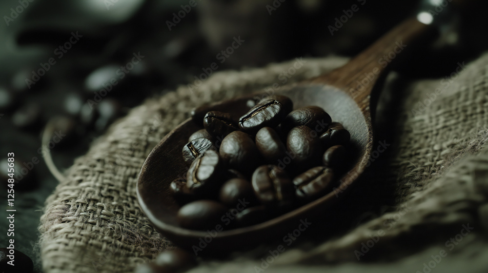 Coffee Beans in a Wooden Spoon on a Rustic Background