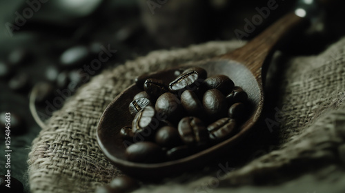 Obraz na płótnie Coffee Beans in a Wooden Spoon on a Rustic Background w salonie