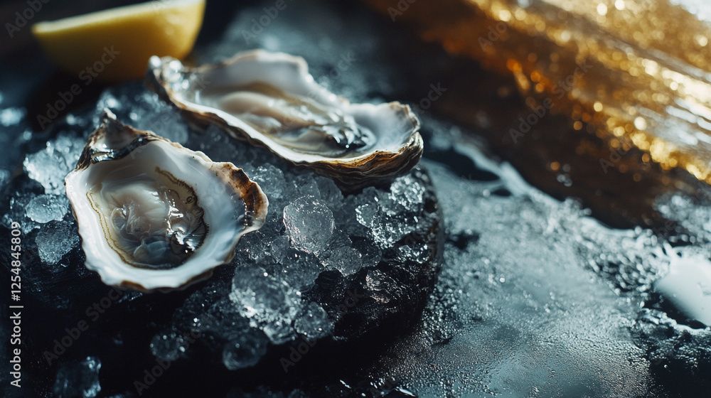 Fresh oysters served on ice with lemon wedge in a seafood setting Fresh oysters served on ice with lemon wedge in a seafood setting