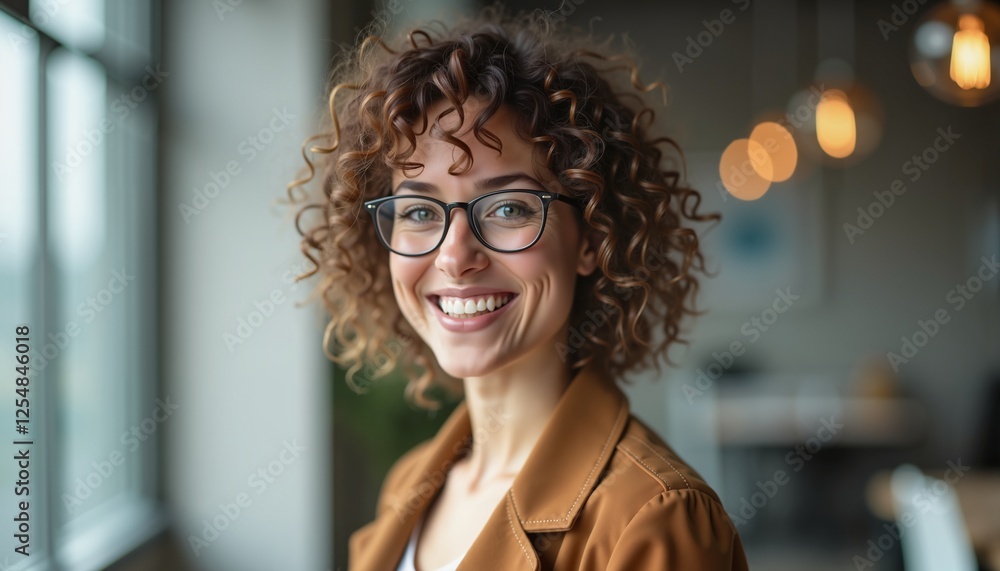 Smiling curly-haired woman in glasses indoors, perfect for lifestyle promotions Smiling curly-haired woman in glasses indoors, perfect for lifestyle promotions