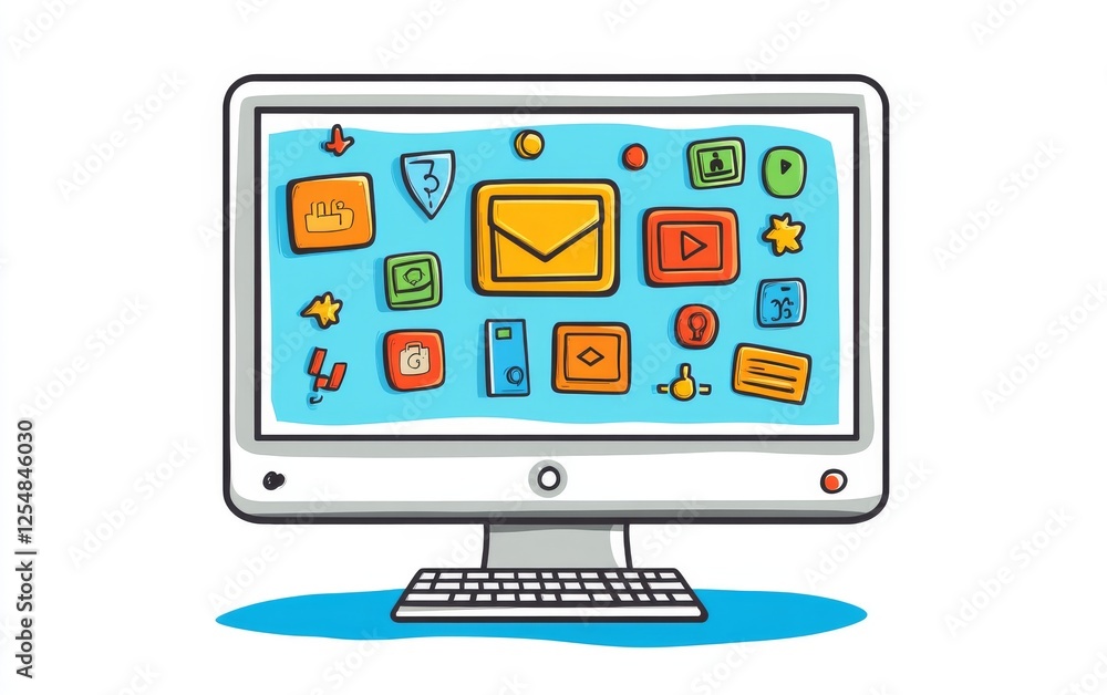 Colorful desktop computer icons, email notification, apps, digital communication, screen, workspace Colorful desktop computer icons, email notification, apps, digital communication, screen, workspace