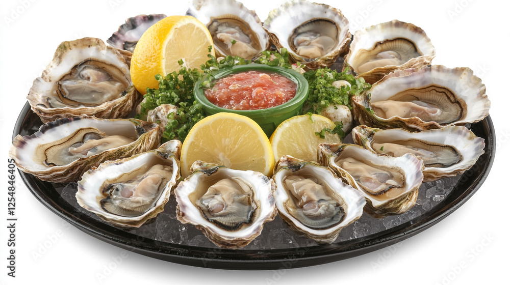 Freshly harvested oysters served on a platter with lemon and sauce