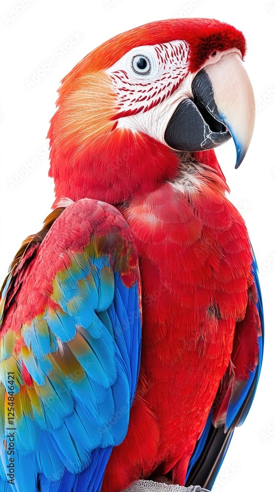 Obraz premium Vibrant Colorful Parrot Portrait on White Background for Nature and Wildlife Publications