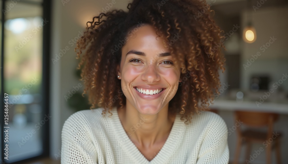 Smiling woman in cozy kitchen, enhances warm home atmosphere, lifestyle concept Smiling woman in cozy kitchen, enhances warm home atmosphere, lifestyle concept